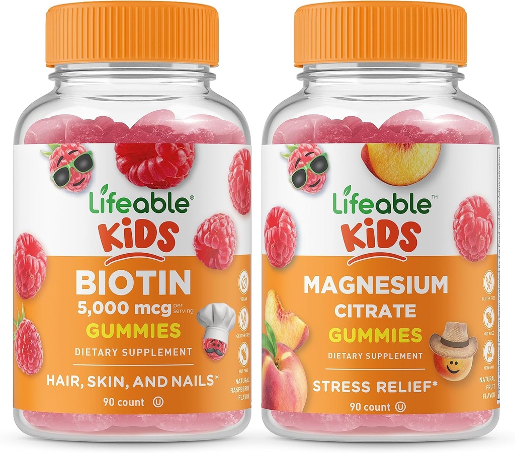 Lifeable Biotin Kids + Magnesium Citrate Kids, Gummies Bundle - 훌륭한 타스팅, 비타민 보충, 글루텐 무료, GMO 무료, Chewable Gummy