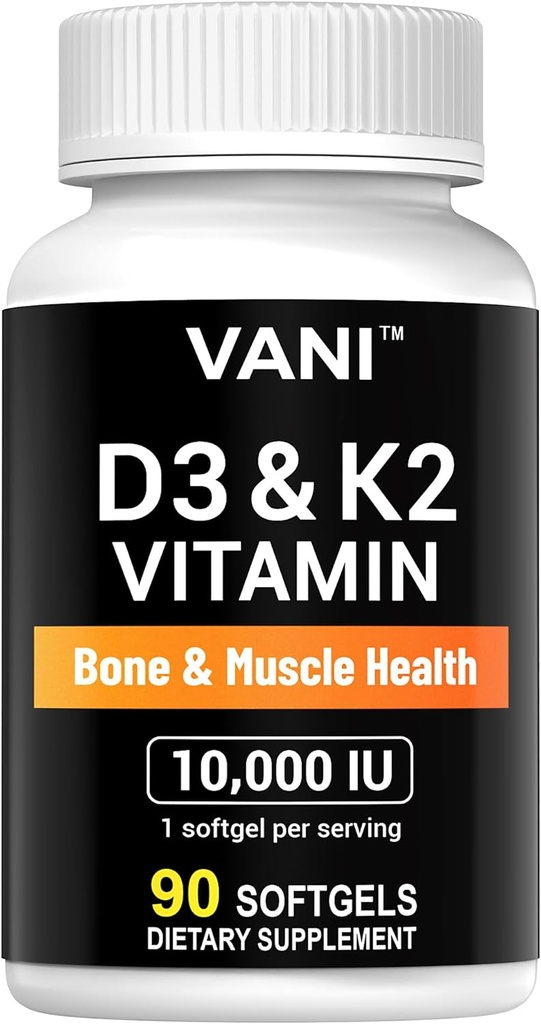 VANI 비타민 D3 (10000iu/250mcg) + K2 (Mk7로), 뼈 & 근육 & 치아 건강을 위해, 90의SOFTGELS