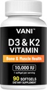VANI 비타민 D3 (10000iu/250mcg) + K2 (Mk7로), 뼈 & 근육 & 치아 건강을 위해, 90의SOFTGELS