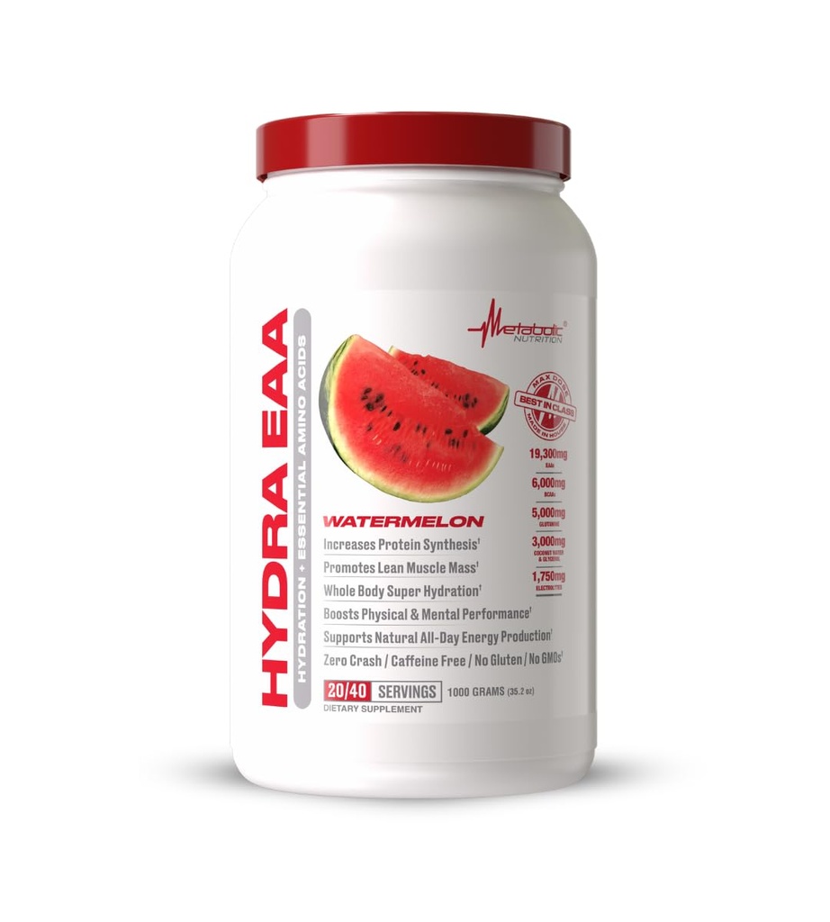 대사 영양 히드라 EAA, 필수 아미노산의 1000g + Hydration, EAAs, BCAAs, 글루타민, Electorlytes, 코코넛 물 & 글리세롤, 놀랄만한 풍미 (수박, 1000g)