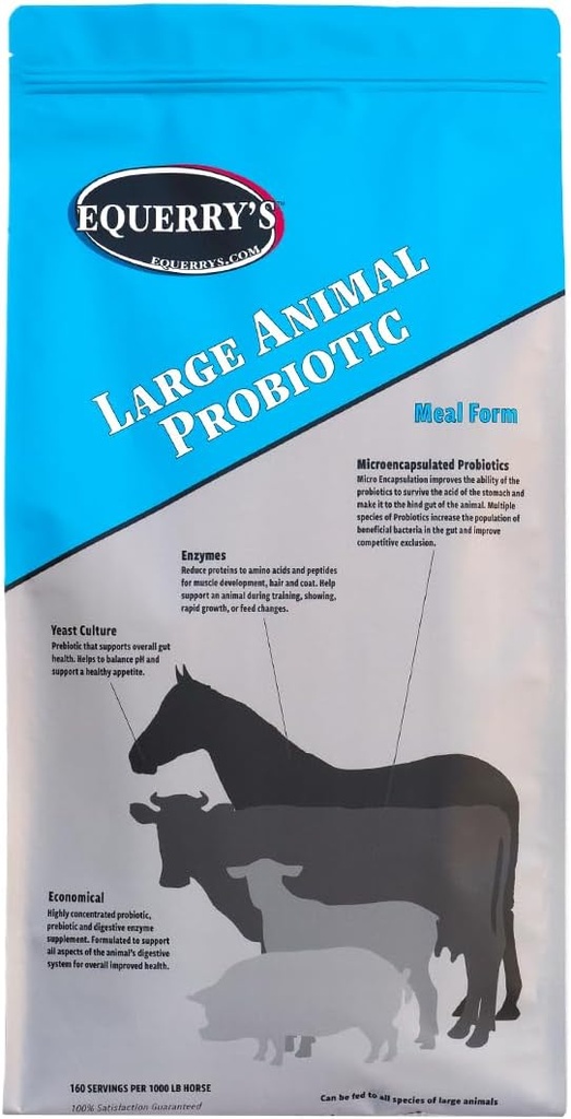 Equerry's Large Animal Probiotic | Gut Health 및 Nutrient Absorption에 대한 보충제 | Probiotics 및 Digestive 효소, Cows, Goats, Sheep, Pigs, 160 Feedings (20lbs) 1000 lb 동물