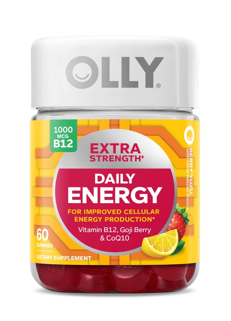 OLLY Extra Strength Daily Energy Gummy, 카페인 무료, 1000mcg 비타민 B12, CoQ10, Goji Berry, 성인 Chewable 보충, Berry Yuzu 맛 - 60 개