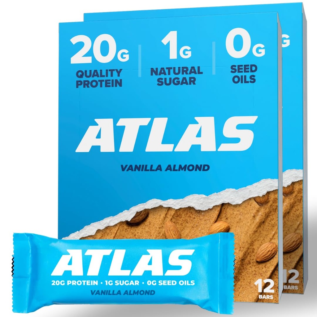 Atlas Protein Bar - 20g Clean Protein, 1g Natural Sugar, 씨앗 오일, 글루텐 없음, 인공 감미료 없음 - 바닐라 알몬드 24 카운트