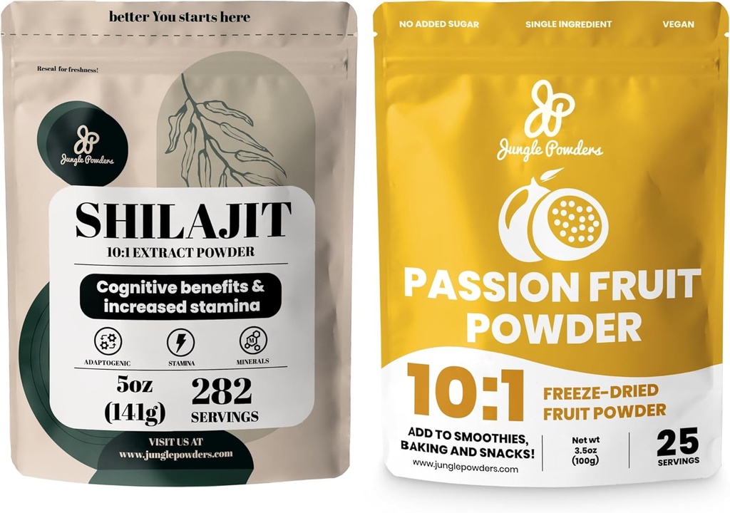 정글 파우더 프리미엄 듀오 : 5oz Raw Shilajit & 3.5oz Passion Fruit Powder - Men's Energy Support, Immune Boost, 바이킹, 스무디, 첨가제 무료 추출물을위한 냉동 건조 된 열정 과일 분말