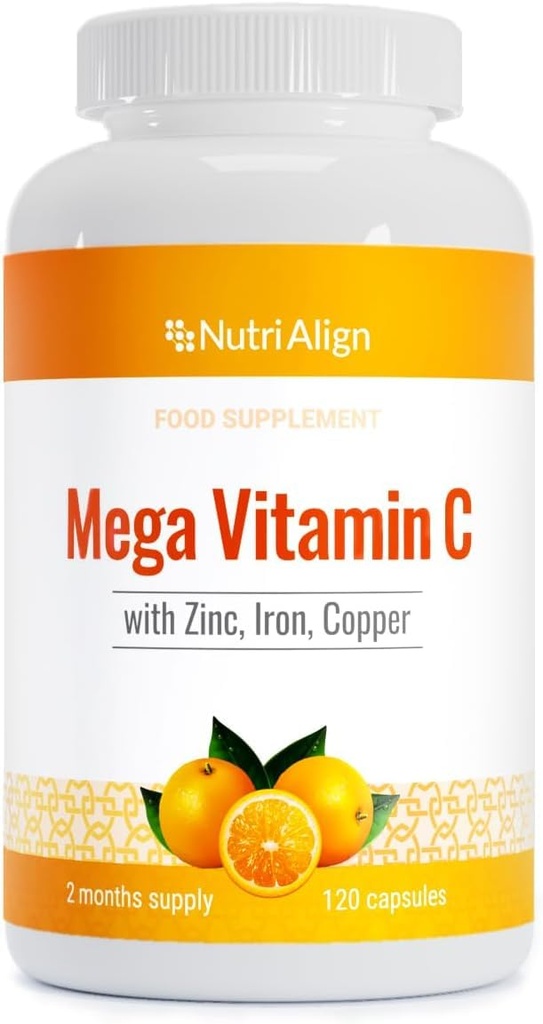 Nutri-Align Mega Vitamin C | 120 고강도 비타민 C 1000mg 캡슐 - 비타민 C 및 아연, 철 및 구리 보충 | VIT C 보충제 | 글루텐 & 설탕 무료 | 강력한 산화 방지제