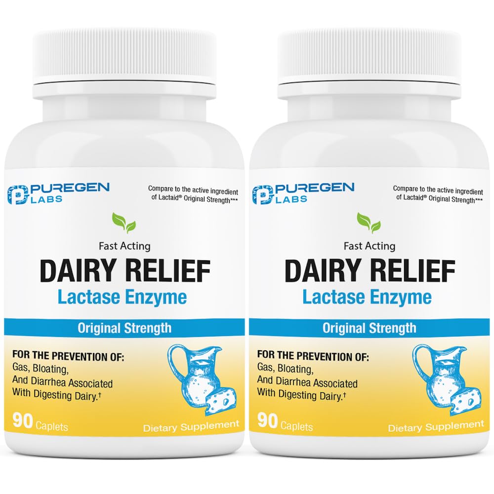 Puregen Labs Dairy Relief Natural Fast Acting Lactase Enzyme 3000 FCC, Lactose Intolerance Pills | 2 팩 - 180 캡슐 총