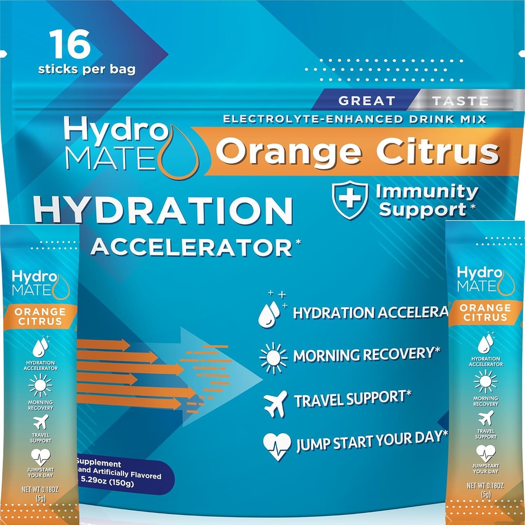 HydroMATE Electrolytes Powder with low Sugar - 16 즉시 Hydration Packets with Vitamin C Orange to Boost Energy - Low Sugar Electrolytes Powder Packets to Support Hydration for Fast Party Recovery