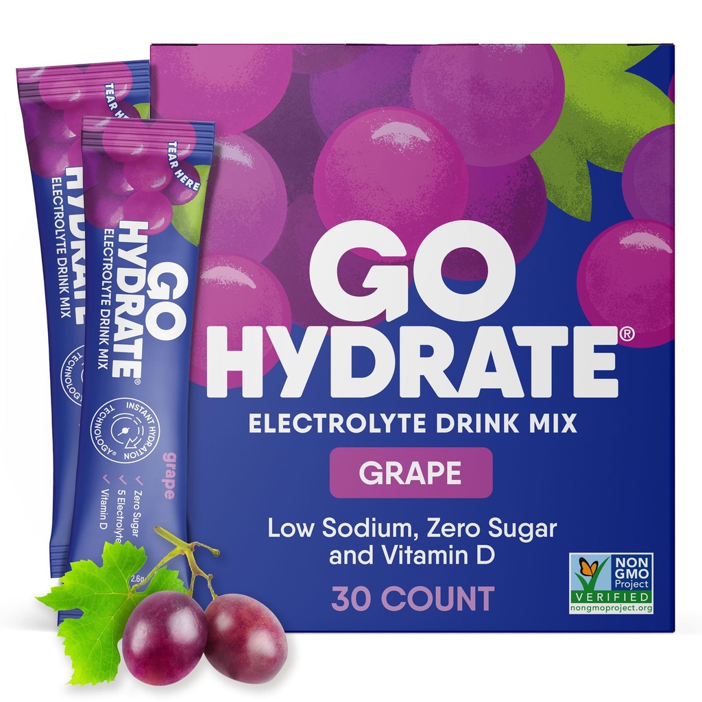 GoHydrate Instant Hydration Powder Packets - 낮은 나트륨 Electrolytes 음료 혼합 - 천연 히드라 션 지원, 설탕 무료 비타민 D, 30 팩, 포도