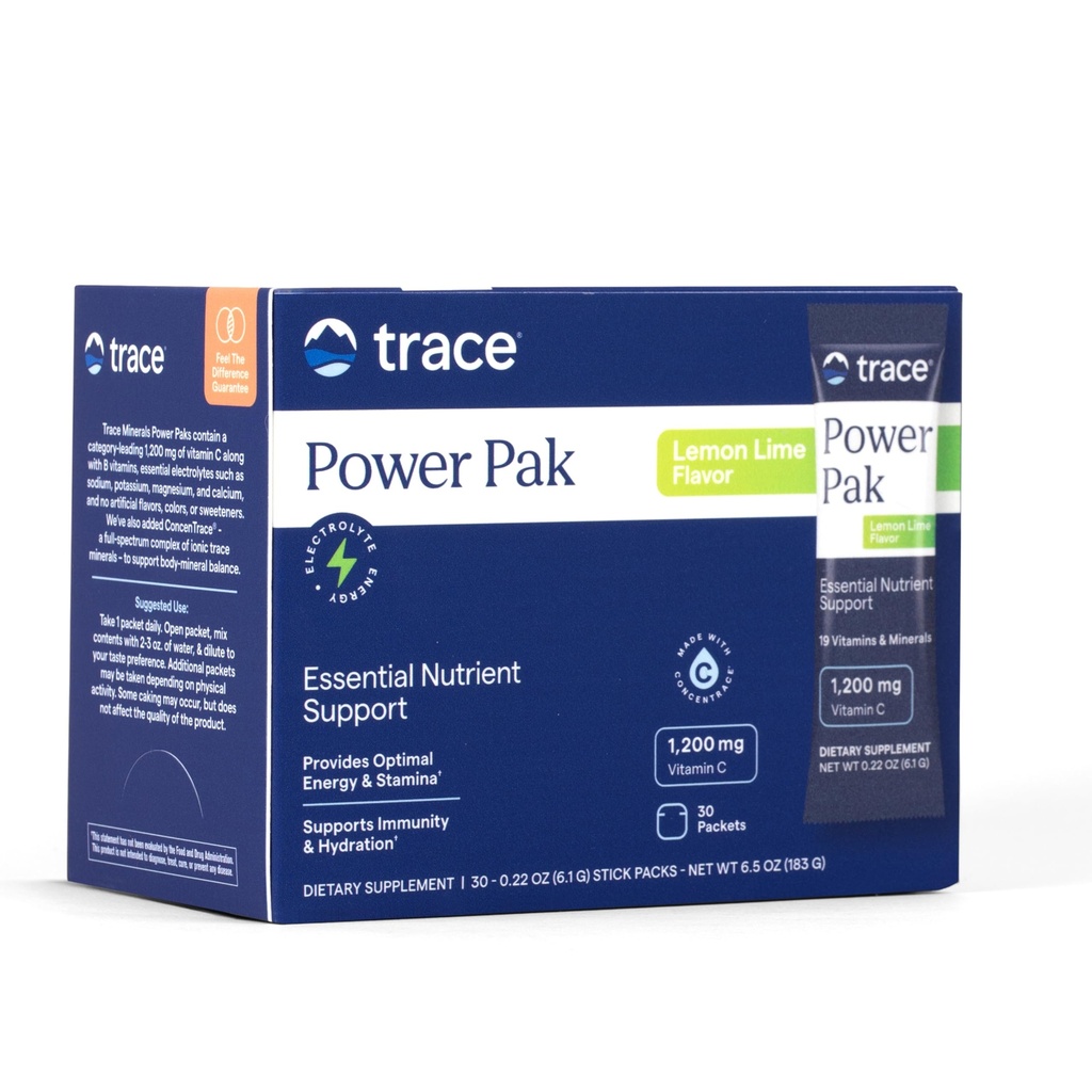 Trace Minerals Power Pak Multivitamin 및 Multimineral Packets - 전해질 지원 - 1200 mg 비타민 C plus 70 + Trace Minerals - 레몬 라임 풍미 - 30 패킷