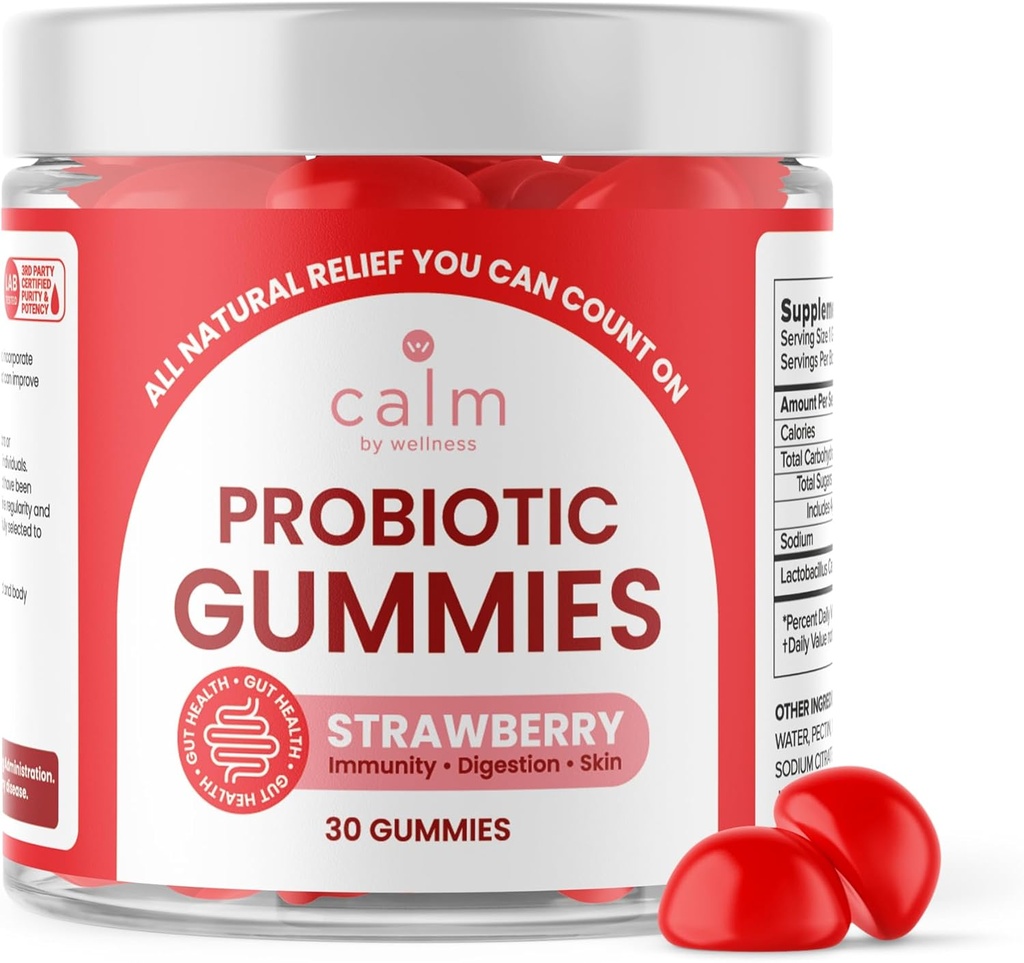 웰니스 Probiotic Gummies에 의해 Calm, Strawberry-Flavored, 성인, 10 억 CFUs, Digestive Regularity, Immunity, 피부 건강 및 Gut 건강을 위한 Probiotics를 위한 전염성 Vegan Probiotics