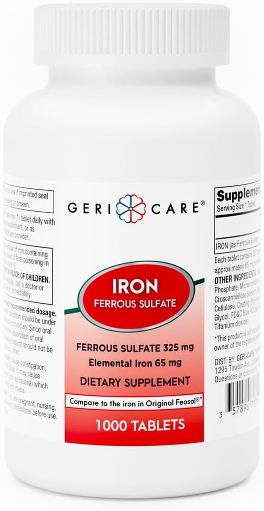 GeriCare 철 황산염 정제 325mg의 성분 철 65 mg 높은 힘 철 보충교재 | 규정식 보충교재 1000 조사. (1의 포장)