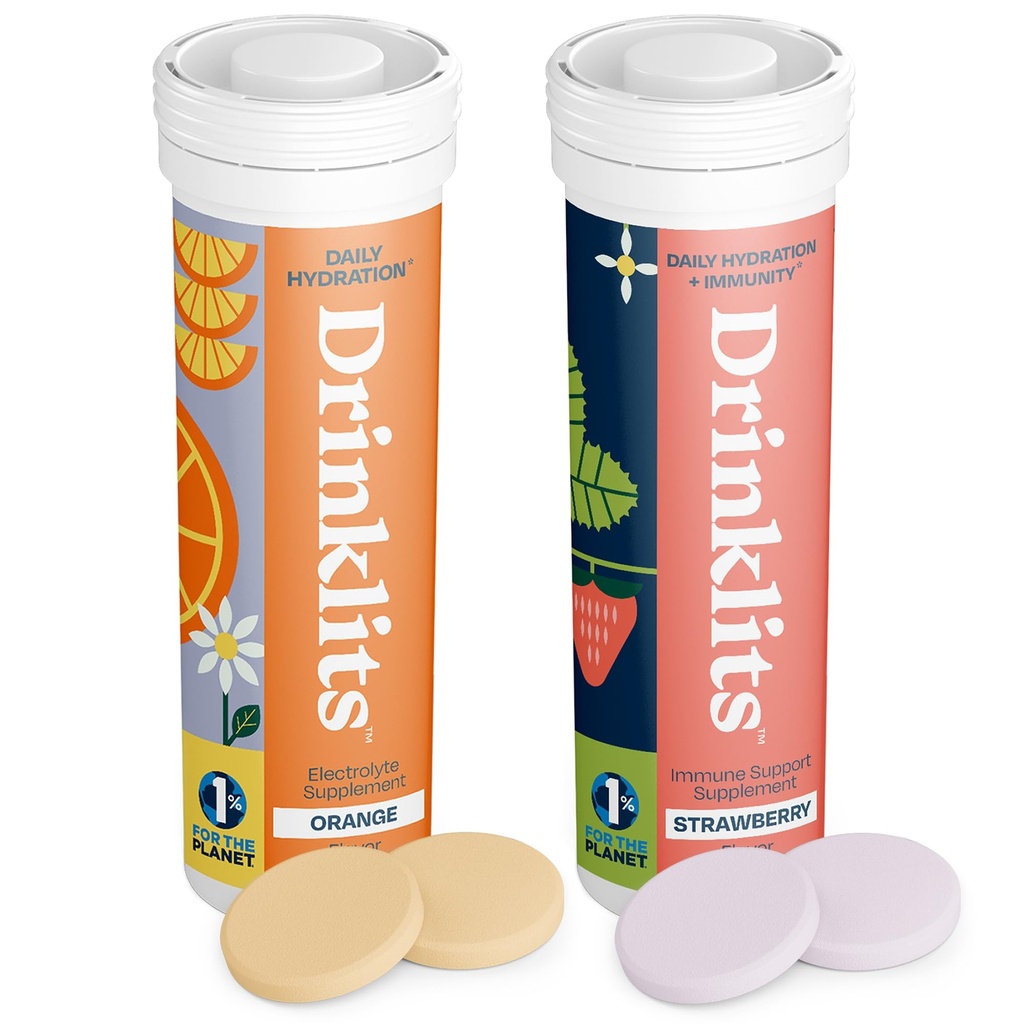 Drinklits Orange Daily Hydration Tablets + Strawberry Immunity Tablets (2) 튜브 팩 | Essential Electrolytes – Great Taste – Immune Support | 20 서빙 (10 튜브 당 정제)