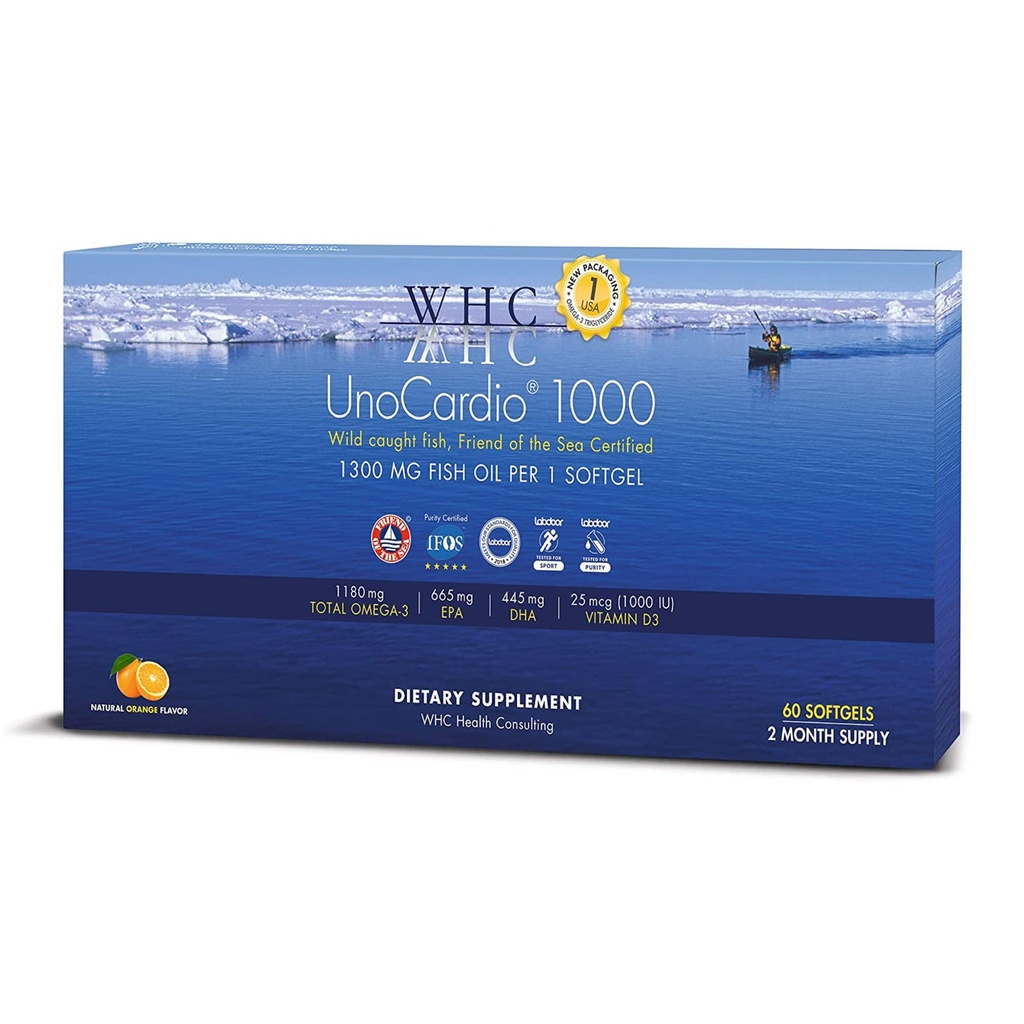WHC, UnoCardio 1000 물고기 기름, 오메가 3 (1180 mg), 665 mg EPA와 445 mg DHA와 25 mcg (1000 IU) 비타민 D3 softgel 당, 자연적인 오렌지, 60 softgels