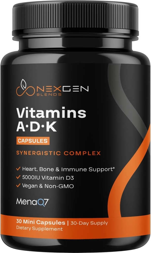 높은 흡수 ADK 비타민 보충교재 - Vegan 비타민 D3 K2 MK7 & 칼슘 규칙 플러스 뼈 심장 갑상선 & 면역 지원 - 5000IU D3 비 GMO & 글루텐 자유로운 (1 달)를 가진 비타민 ADK