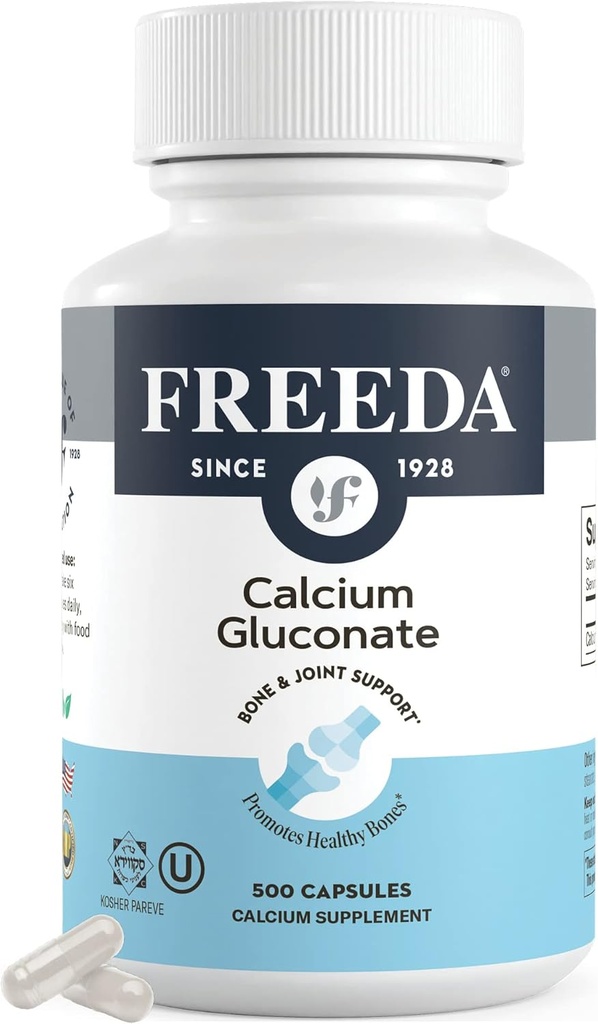 Freeda 칼슘 Gluconate – Kosher Vegan 칼슘 보충 – 쉽게 소화 및 흡수 – 지원 뼈 힘 – 비타민 D 없이 순수한 칼슘 – (500 캡슐)