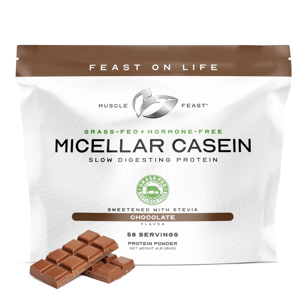 근육 Feast 잔디 Fed Micellar Casein Protein Powder, Pasture Raised & Hormone Free, Slow Digesting Casein Protein - Overnight Muscle Recovery, 글루텐 무료 단백질 파우더 지원 - 초콜릿, 4lb