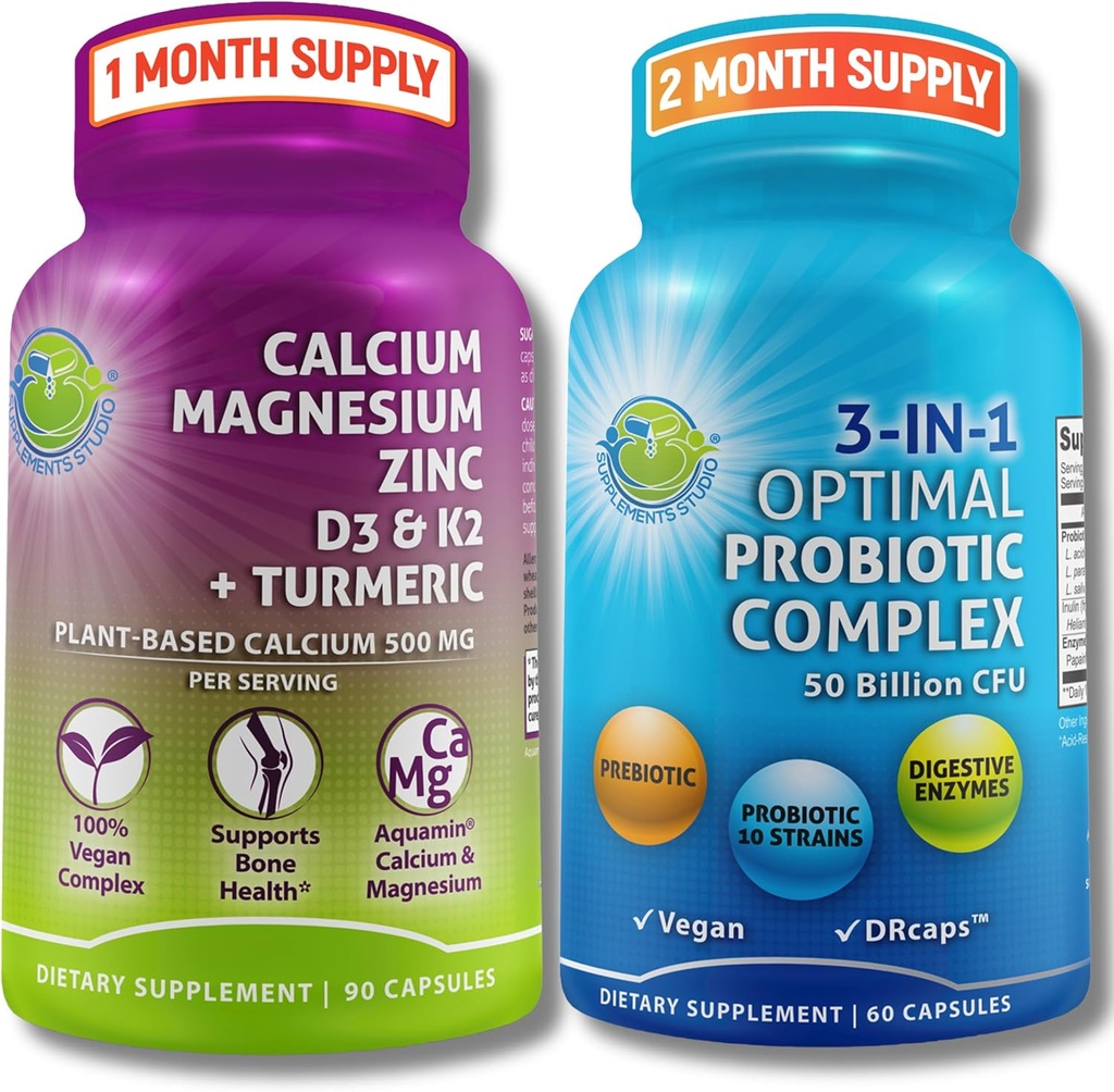 뼈 건강 및 Gut 지원 번들 - 3-in-1 Probiotic 50 억 CFU, Prebiotic 및 소화 효소 + 식물 기반 칼슘, 마그네슘, 아연, D3, K2 및 유기 심황 - 채식주의자, 비 GMO, 깨끗한 라벨