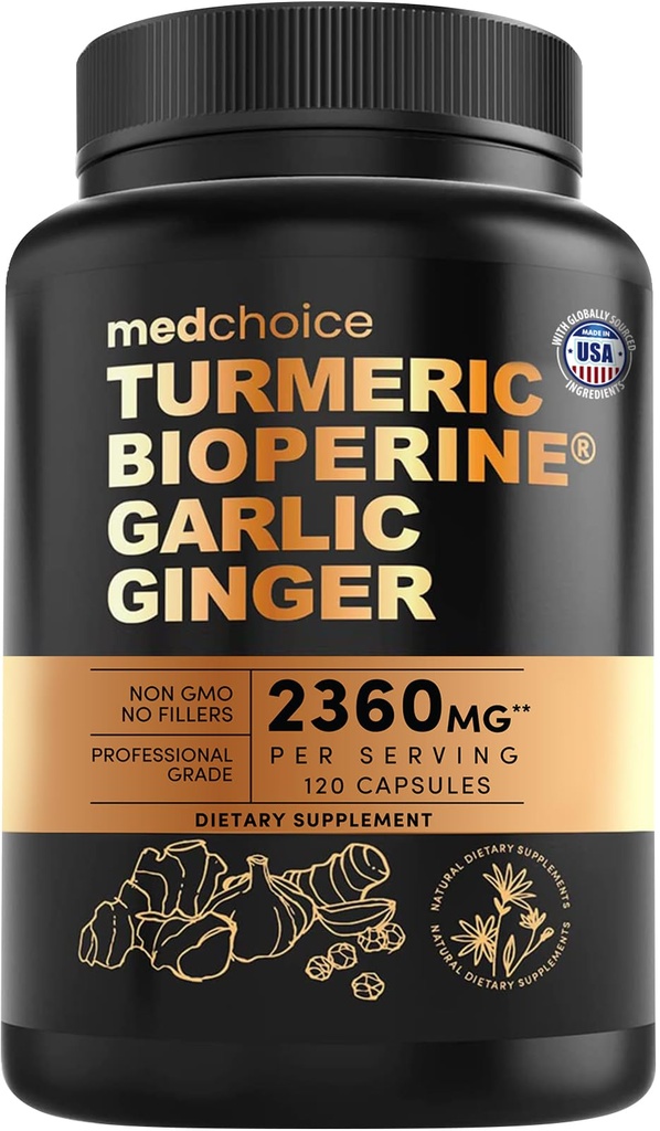 4-in-1 심황과 마늘 보충제 BioPerine - 마늘과 2360mg 심황 생강 뿌리 캡슐 - 높은 효능 초본 혼합 (120 ct)