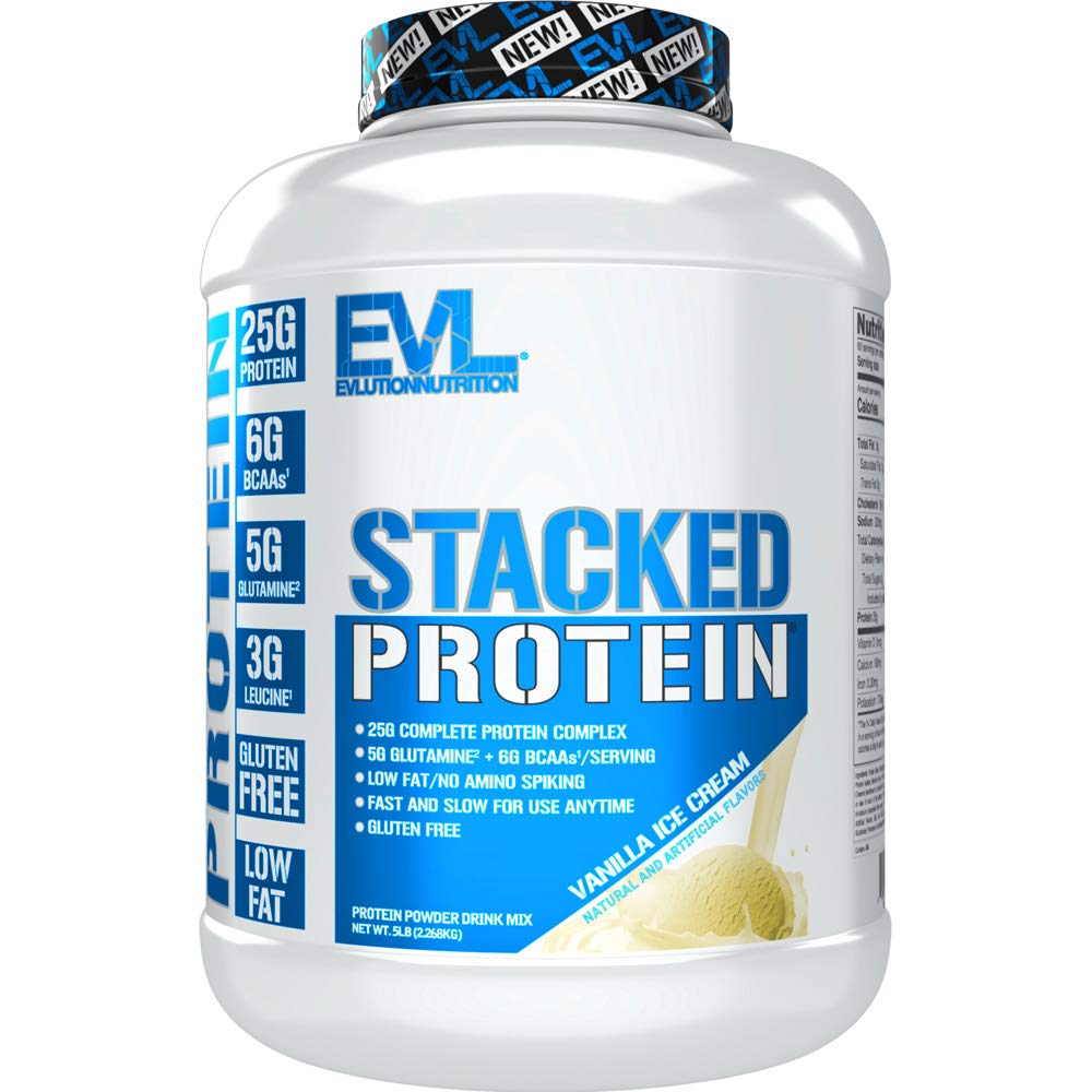 Evlution 영양은 단백질의 25 그램, BCAA의 6개 그램 및 글루타민의 5g를 가진 단백질 분말을 겹쳐 쌓였습니다 (Vanilla 아이스크림, 5 LB)