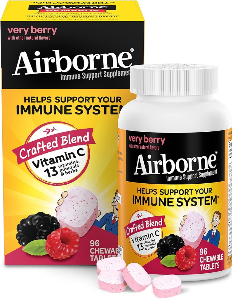 아연을 가진 Airborne 1000mg 비타민 C Chewable 정제, 강력한 산화 방지제 비타민 A C & E - 96 Chewable 정제, 아주 Berry 풍미를 가진 면역성이 있는 지원 보충교재