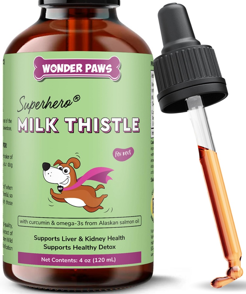 Wonder Paws Milk Thistle, 개를위한 라이브 지원, 애완 동물을위한 Kidney 기능, Detox, 야생 알래스카 연어 오일 & 쿠르쿠민, 오메가 3 EPA & DHA (4 Oz)