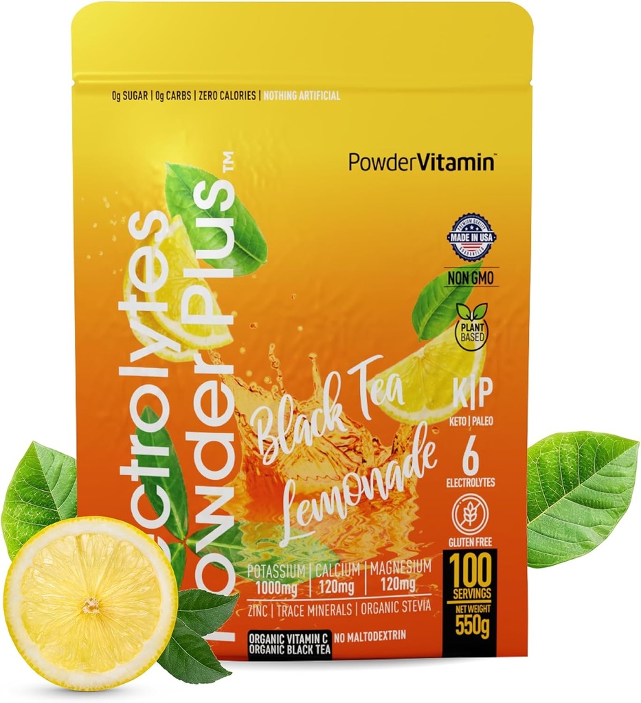 PowderVitamin Electrolytes 분말 플러스 (100 인분) 검은 차 Lemonade Electrolyte 분말 Zero Calorie Keto,0 설탕, Maltodextrin 없음, 1000mg 칼륨, 120mg 칼슘, 120mg 마그네슘, 하이드로 션 분말
