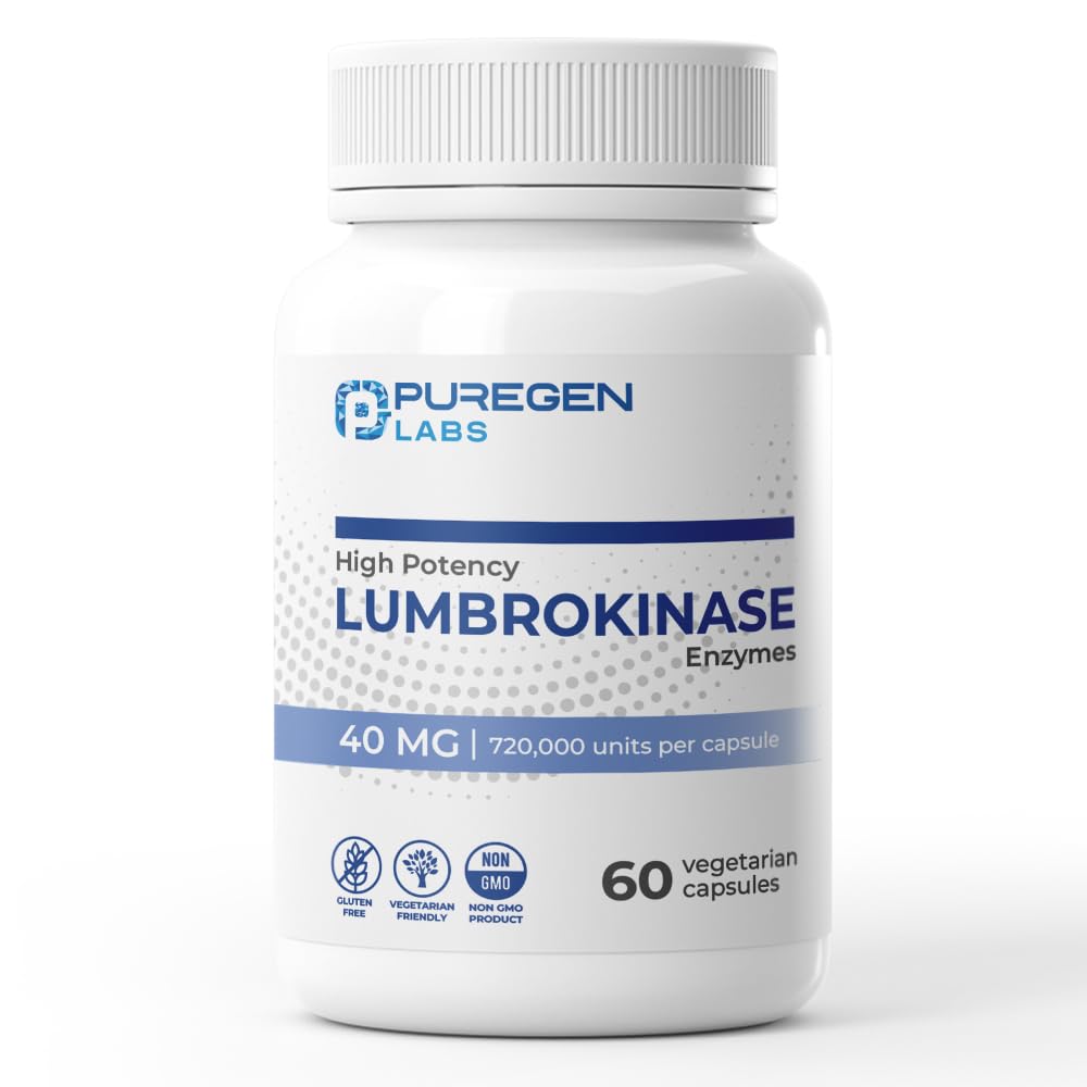 Puregen Labs Lumbrokinase 40mg per Capsule High Potency Supplement | High Activity Lumbrokinase Enzymes | Harmful additives | Non-GMO | 글루텐 프리 | 미국 - 60 채식 캡슐