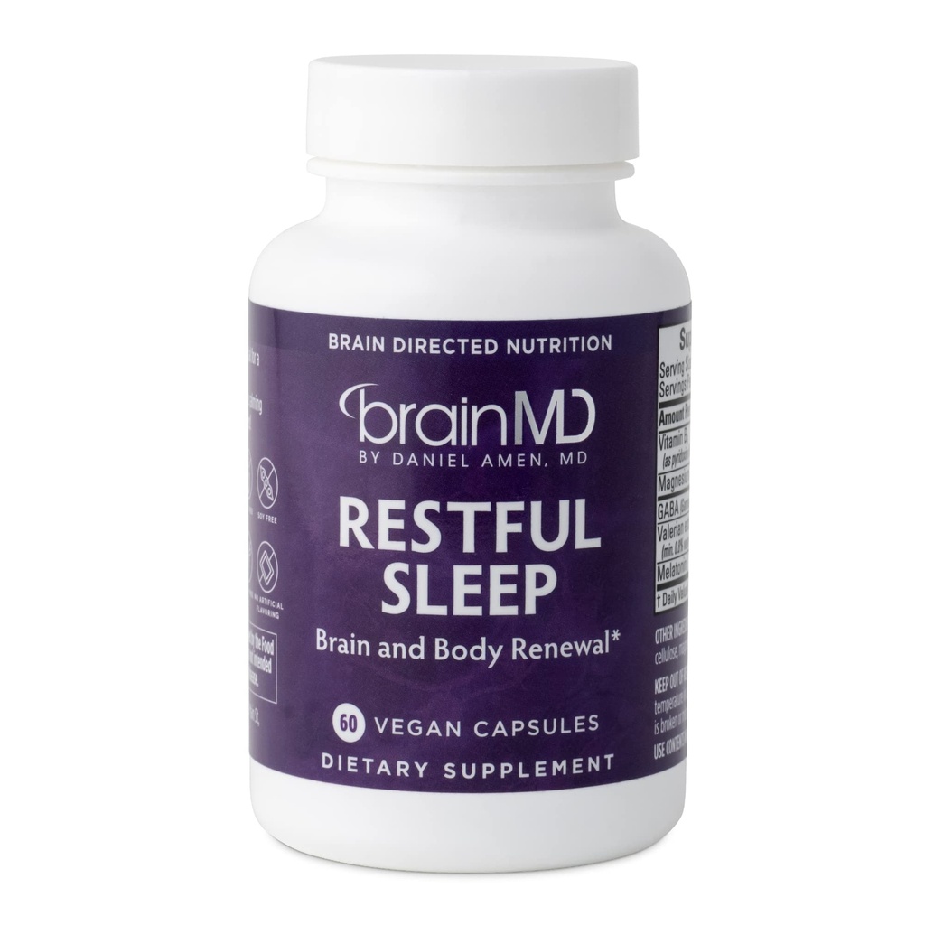 Amen BrainMD Restful Sleep - 60 캡슐 - Relaxation & Calm, Melatonin, Valerian, GABA & Magnesium, Non-Habit Forming - 글루텐 프리 - 15 서빙