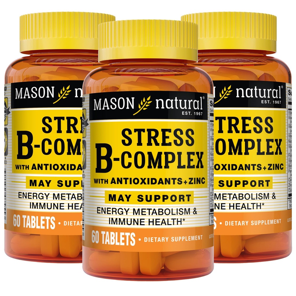 MASON NATURAL 스트레스 B, 산화 방지제 + 아연, 6 개월 공급, 듀얼 액션 포뮬러, 지원 에너지 대사 & 면역 건강, 3 팩