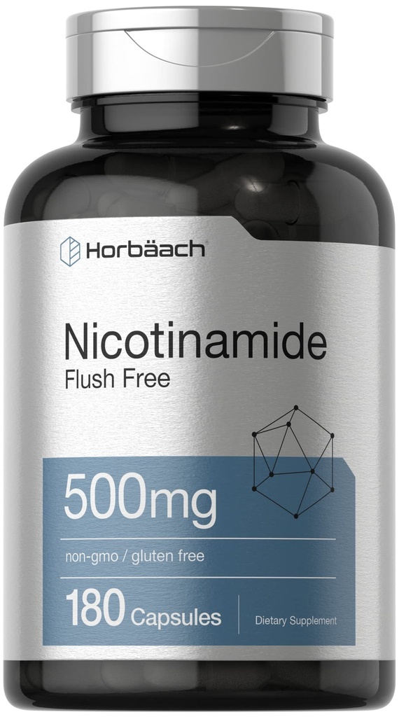 Horbäach Nicotinamide 500mg | 180 캡슐 | 플러시 무료 다이어트 보충 | 비 GMO 및 글루텐 무료 비타민