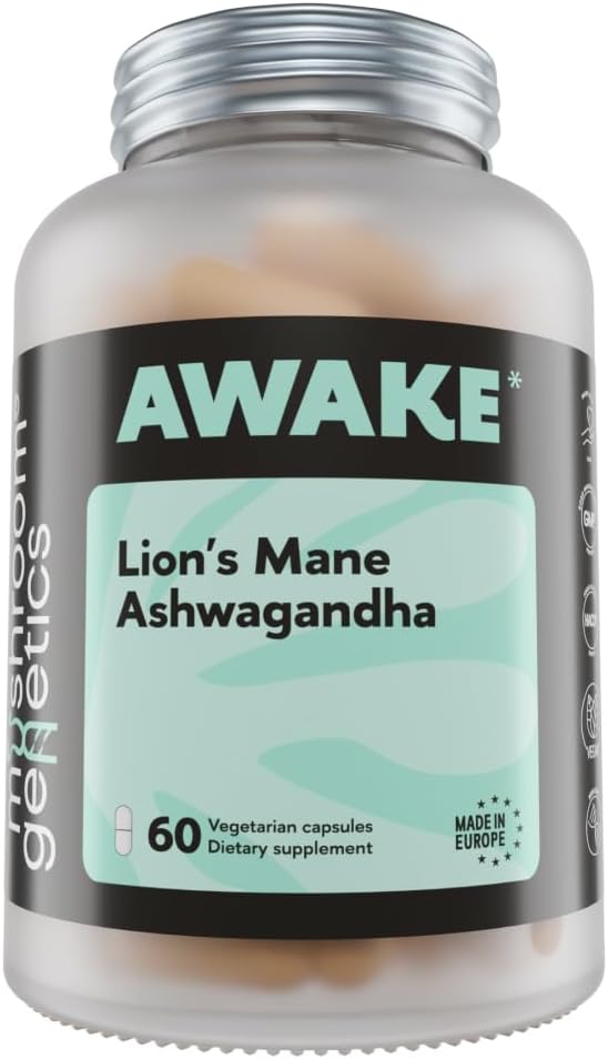 Mushroom Genetics Lions Mane & Ashwagandha 보충교재 캡슐 - 뇌, 기억 & 긴장 기복을 위한 Nootropic 버섯 | 초점, 에너지 & 웰빙을 위한 과일 몸 & Ashwagandha 뿌리 | 60의 캡슐