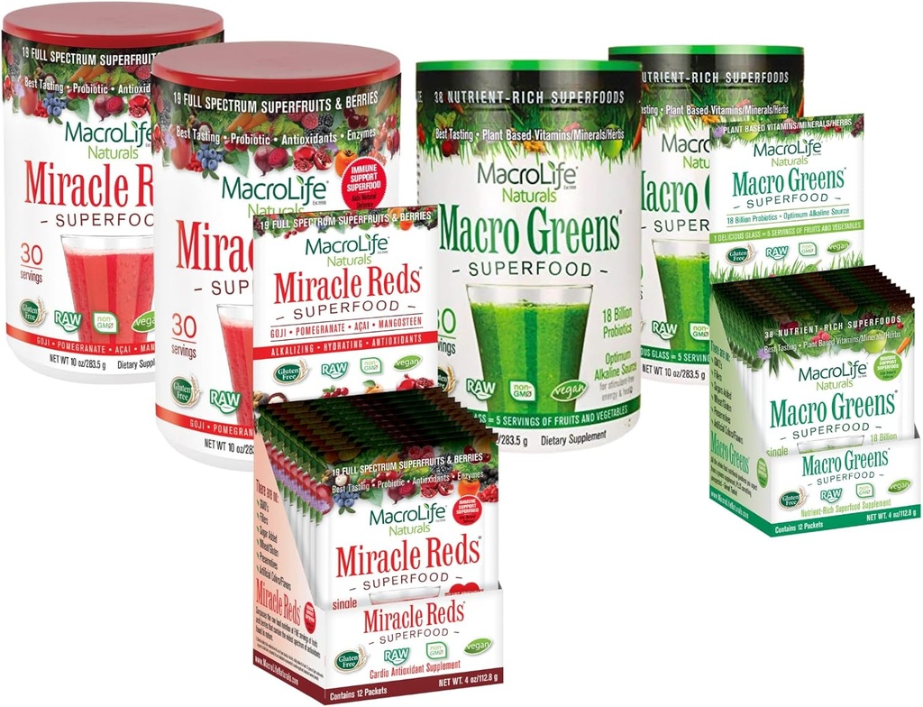 MacroLife 생존자 6-Count 번들, 2 Macro Greens 10oz +1 패킷 박스 (12ct), 2 Miracle Reds 10oz +1 패킷 박스 (12ct)
