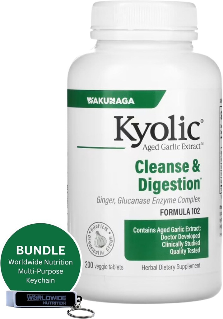 Worldwide Nutrition Bundle : Kyolic Aged Garlic Extract 200 Veggie Tablets Formula 102 Cleanse & Digestion - Garlic Ginger Supplement로 풍부 - 다목적 키 체인이있는 200 카운트