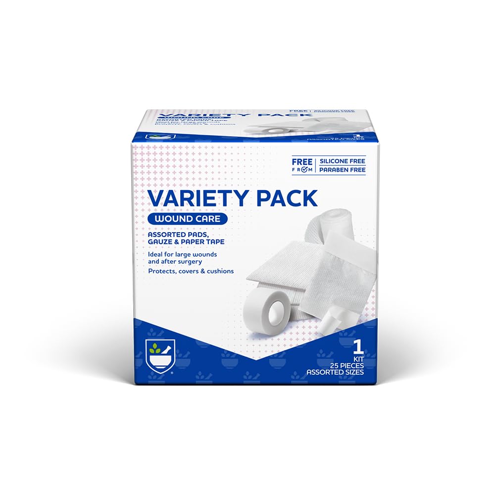 Rite Aid First Aid Gauze Pads, Variety Pack - 25 Assorted Gauze Pads & Tape 포함 | Sterile Gauze Pads | First Aid Kit | 부상 치료 용품
