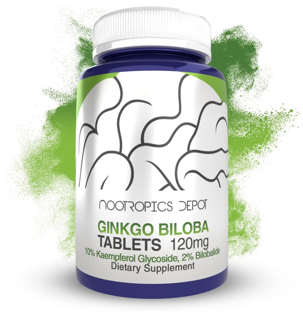 Nootropics Depot Ginkgo Biloba 추출물 정제 | 120mg | 90 Count | 최소 10 % Kaempferol Glycoside + 2 % Bilobalide | 5 월은인지 및 심혈관 기능을 홍보 할 수 있습니다
