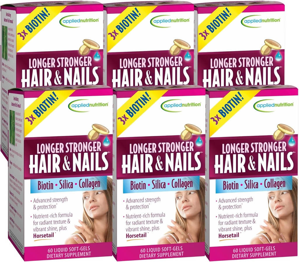 Applied Nutrition Longer Stronger Hair & Nails - 60 액체 소프트 젤, 6 팩 - Biotin, 실리카 및 교원질 - 180 서빙