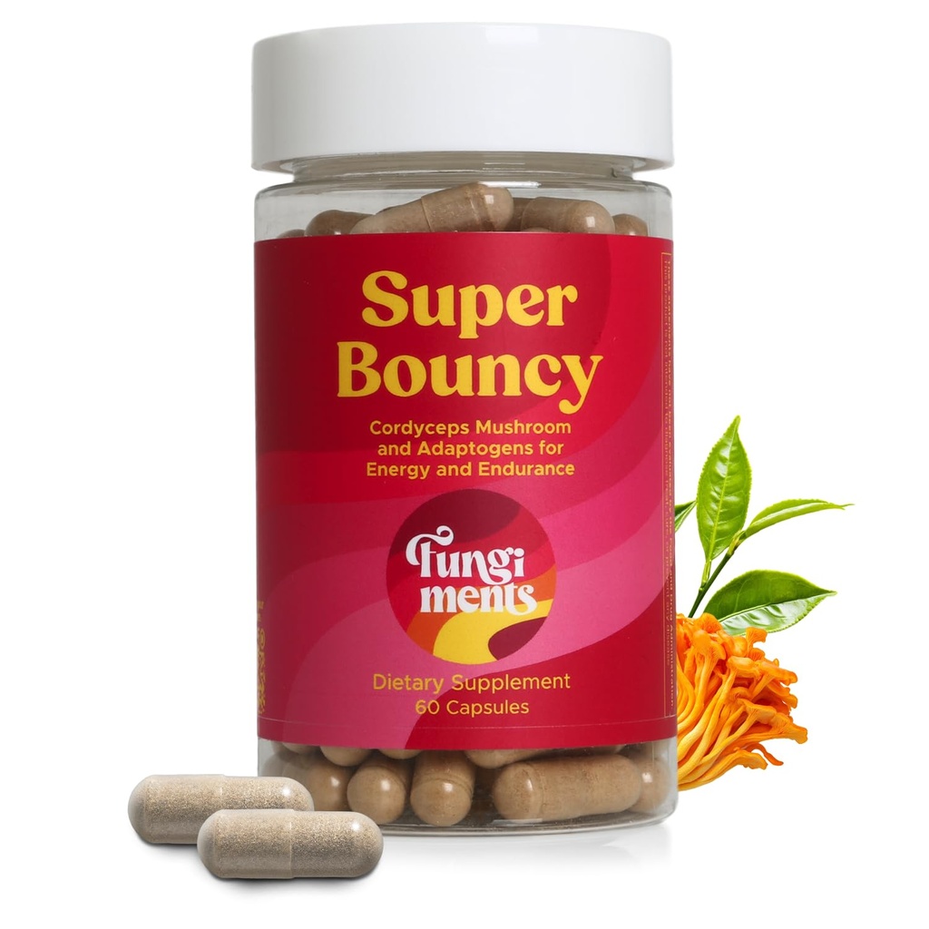 Fungiments Super Bouncy - 버섯 보충 - Cordyceps 버섯, 녹차, 인삼 - 에너지 및 초점 (60 캡슐)