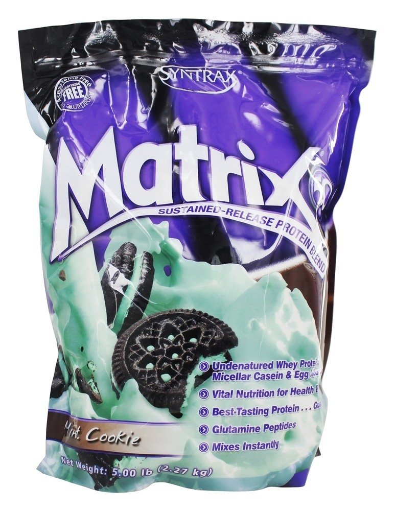 Syntrax Nutrition Matrix Protein Powder, Sustained-Release Blend, 민트 쿠키, 5 파운드. 실제 쿠키 조각