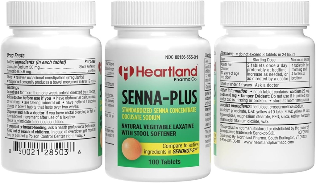 Senna-Plus Natural Vegetable Sennoside Laxative | 천연 채소류 | Gentle Overnight Constipation Relief | Docusate Sodium Stool Softener | 100 정제
