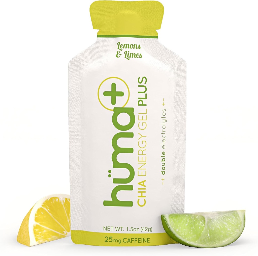 Huma Plus (Double Electrolytes) - Chia Energy Gel, 레몬 라임, 24 젤, 25mg 카페인 - Stomach Friendly, Real Food Energy Gels