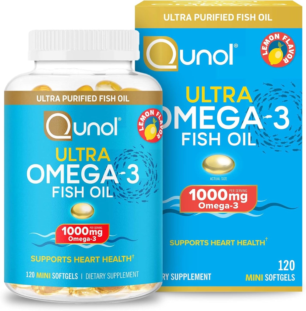 Qunol Omega 3 물고기 기름 소형 Softgels, 1000mg 매우 순수한 물고기 기름, 심장 건강 지원, Omega 3 DHA 보충교재, 레몬 풍미, 2 달 공급, 120 조사