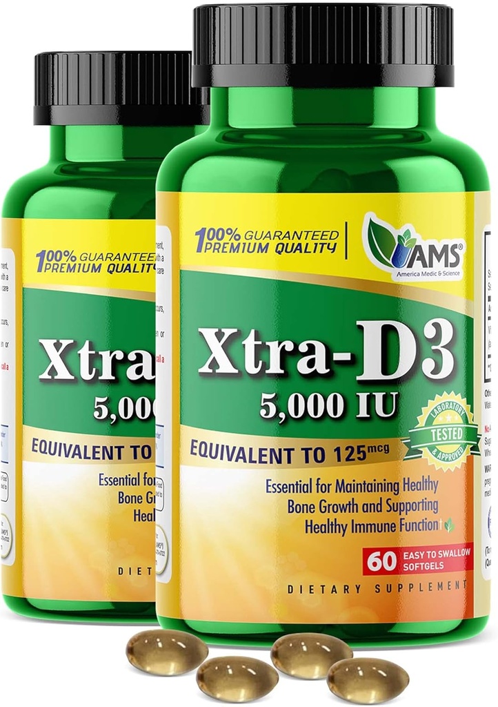 미국 Medic & 과학 Xtra D3 비타민 D 5,000 IU (125 mcg) 남자 & 여자 (120Easy에 삼키기 Softgels) 2pack|Bone, Heart Health, 면역 시스템 지원,Lung 기능에 가장 적합