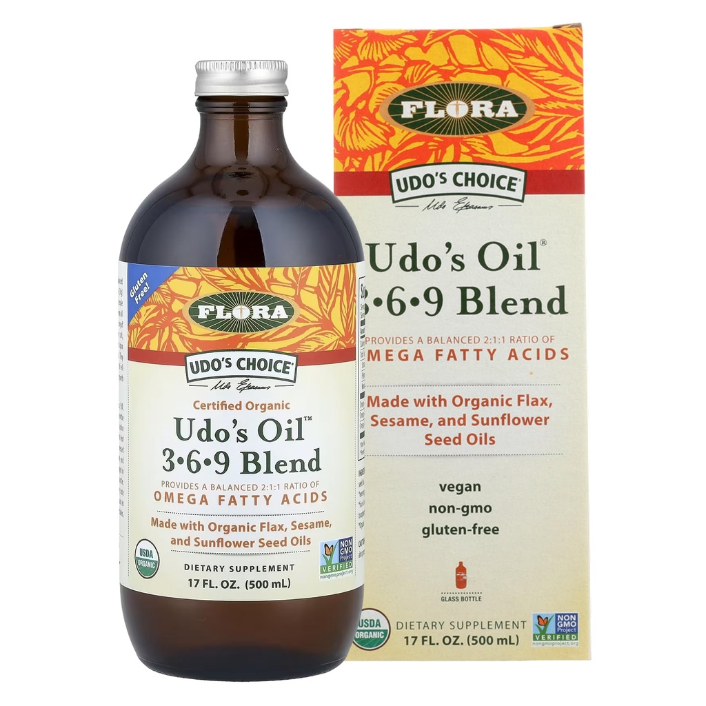 Flora Udo's Oil 3-6-9 Blend - Vegan Omega-3 & Omega-6 Oil - 유기농 코코넛 오일, Flax Seed Oil & More - Chilled - 17 fl. oz.