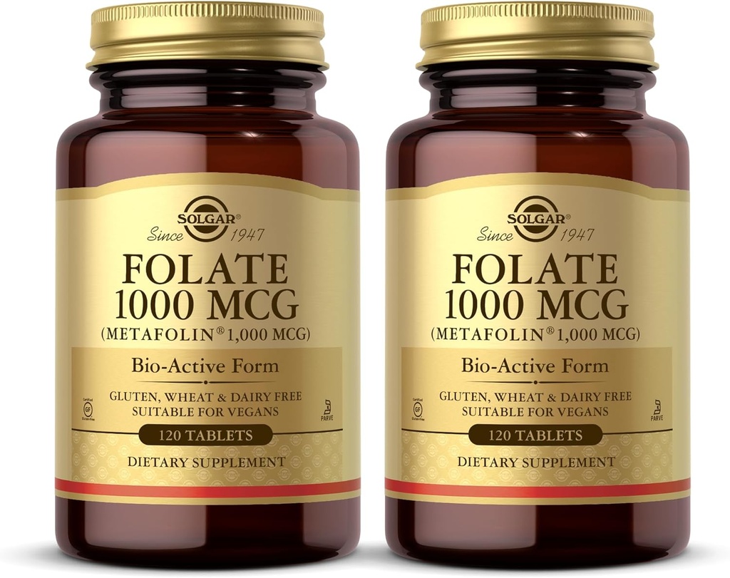 Solgar Folate 1000 mcg - 120 정제, 2 팩 - 1000 mcg Bio-Active Metafolin - Vegan, Gluten Free, Dairy Free, Kosher - 240 총 서빙