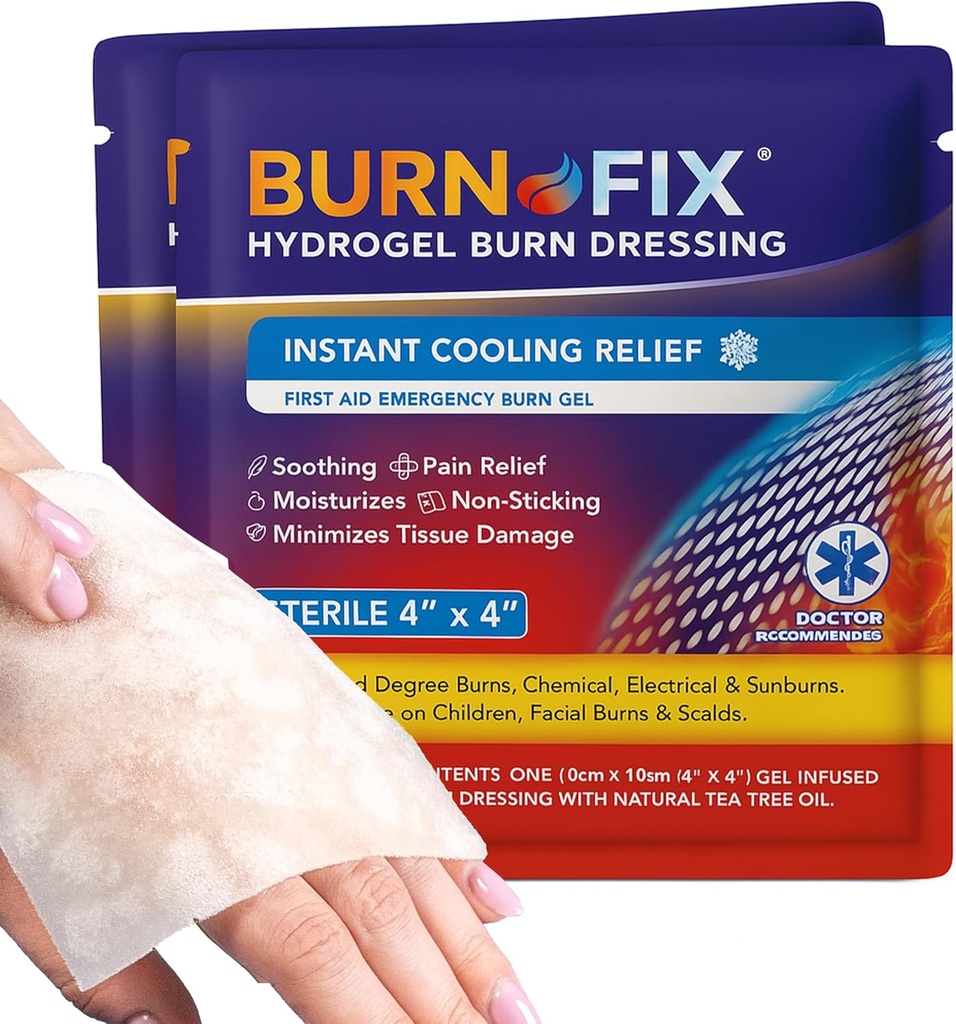 BurnFix® Burn Gel Pads 4x4 Hydrogel Dressing - 열 싱크 TM 기술 - 차 트리 오일과 함께 멸균 - Sunburn, 부엌, 화학 연소를위한 즉시 냉각 - Non-Stick First Aid, 얼굴 및 어린이 안전 (2)