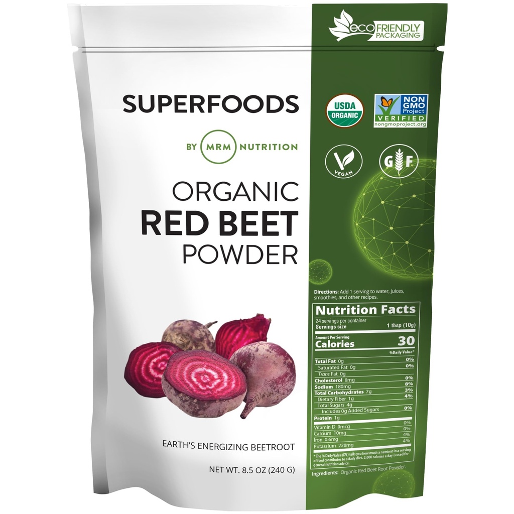 MRM Nutrition Organic Red Beet Powder | Superfood | 에너지 | 심혈관 건강 | 영양분 | 글루텐 프리 + 비건 | 24 서빙