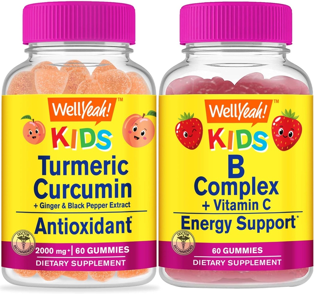 WellYeah Turmeric Curcumin Kids + B Complex Kids, Gummies Bundle - 훌륭한 타스팅, 비타민 보충, 글루텐 무료, GMO 무료, Chewable Gummy