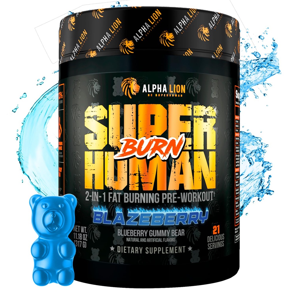 ALPHA LION Superhuman Burn – 2 in 1 Metabolism Booster Pre Workout and Thermogenic Fat Burner for Men – 식욕 억제 및 체중 감량 보충 (21 서빙, 블루 거미 곰 맛)