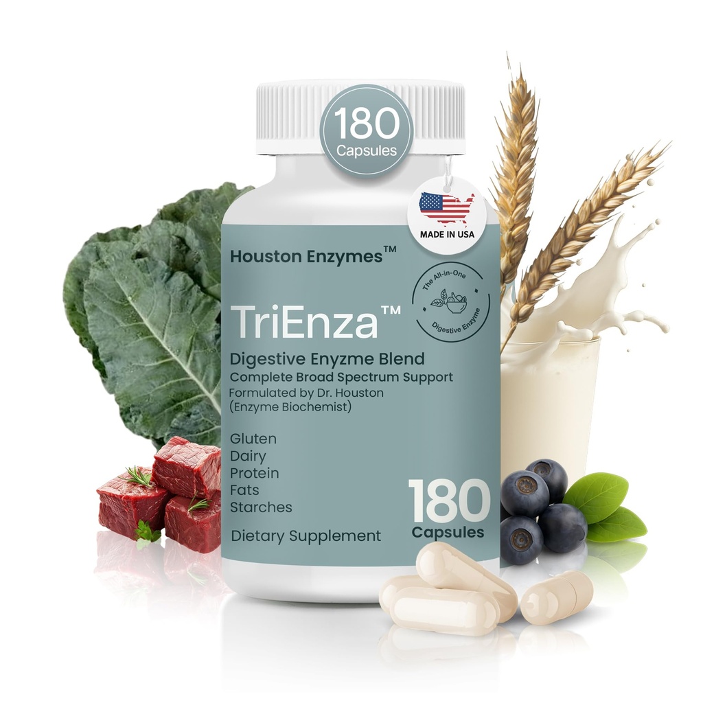 Houston Enzymes TriEnza Digestive Enzymes for Women & Men, Digestive Enzyme Supplements for Proteins, Carbs, Fats & Polyphenols 도움 Break Down Wheat, Dairy, Soy, 180 캡슐 (90 복용량)