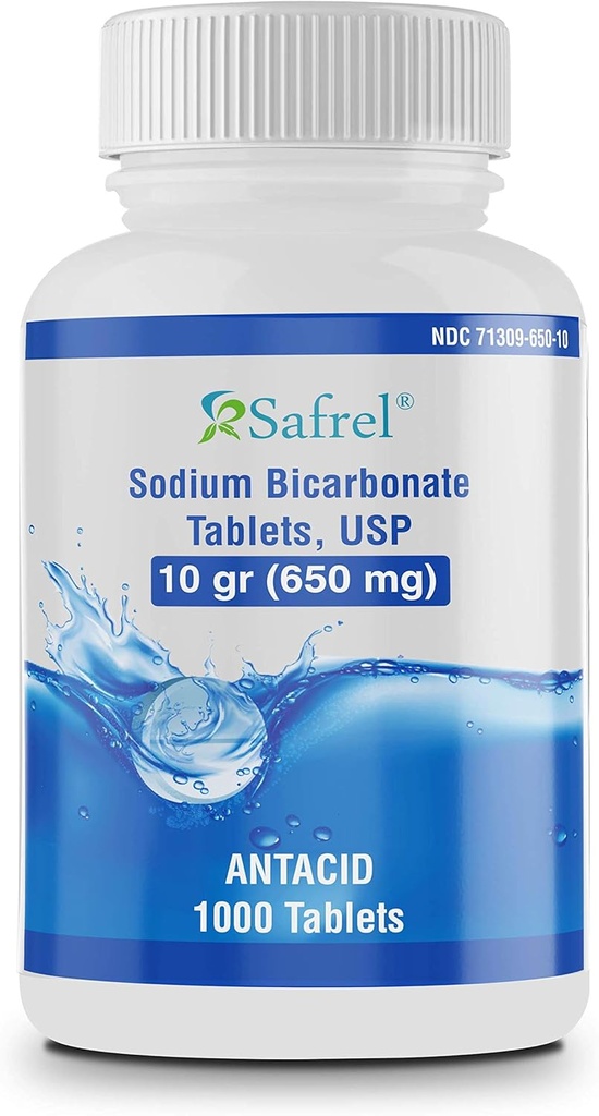 Safrel Sodium Bicarbonate Antiacid 650 mg (10 곡물) 1000 정제 | 산성 섭취, Heartburn, Sour Stomach 및 Upset Stomach의 완화 | Value Savings Pack